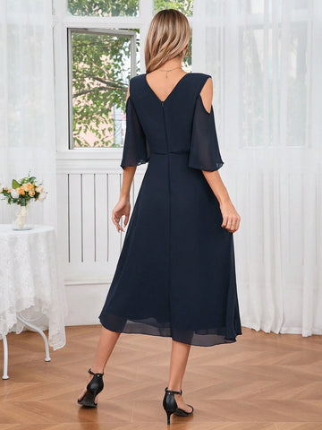 Solid Color Hollow Out Round Neck Bridesmaid Dress For Summer