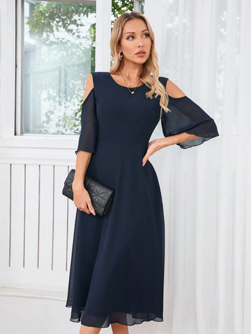 Solid Color Hollow Out Round Neck Bridesmaid Dress For Summer