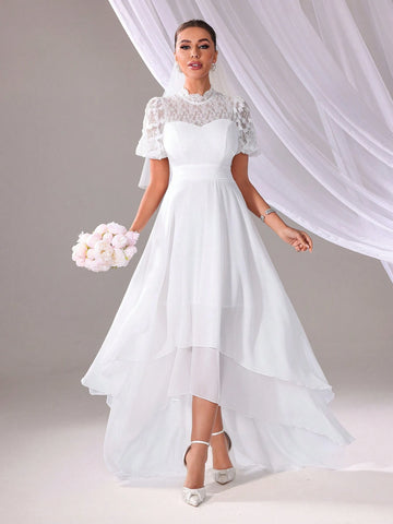 Solid Color Lace Splice Asymmetrical Hem Wedding Dress