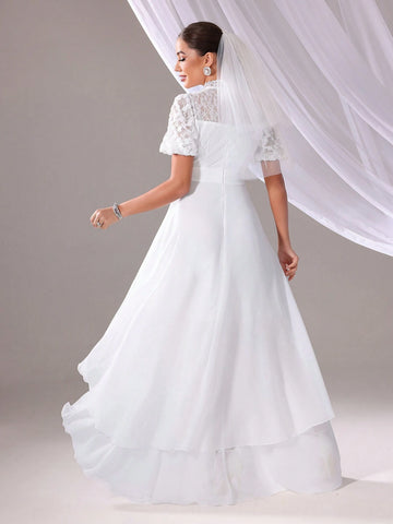 Solid Color Lace Splice Asymmetrical Hem Wedding Dress