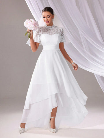 Solid Color Lace Splice Asymmetrical Hem Wedding Dress