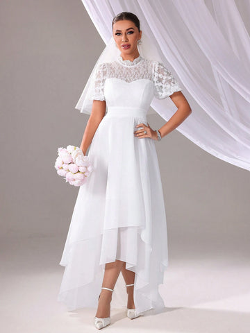 Solid Color Lace Splice Asymmetrical Hem Wedding Dress