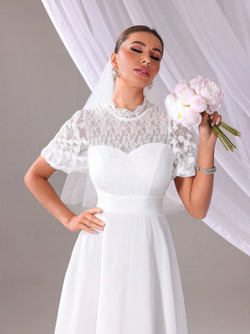 Solid Color Lace Splice Asymmetrical Hem Wedding Dress