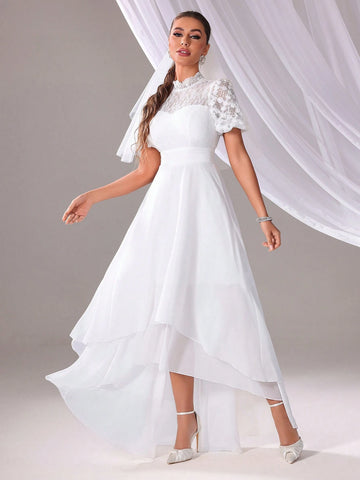 Solid Color Lace Splice Asymmetrical Hem Wedding Dress