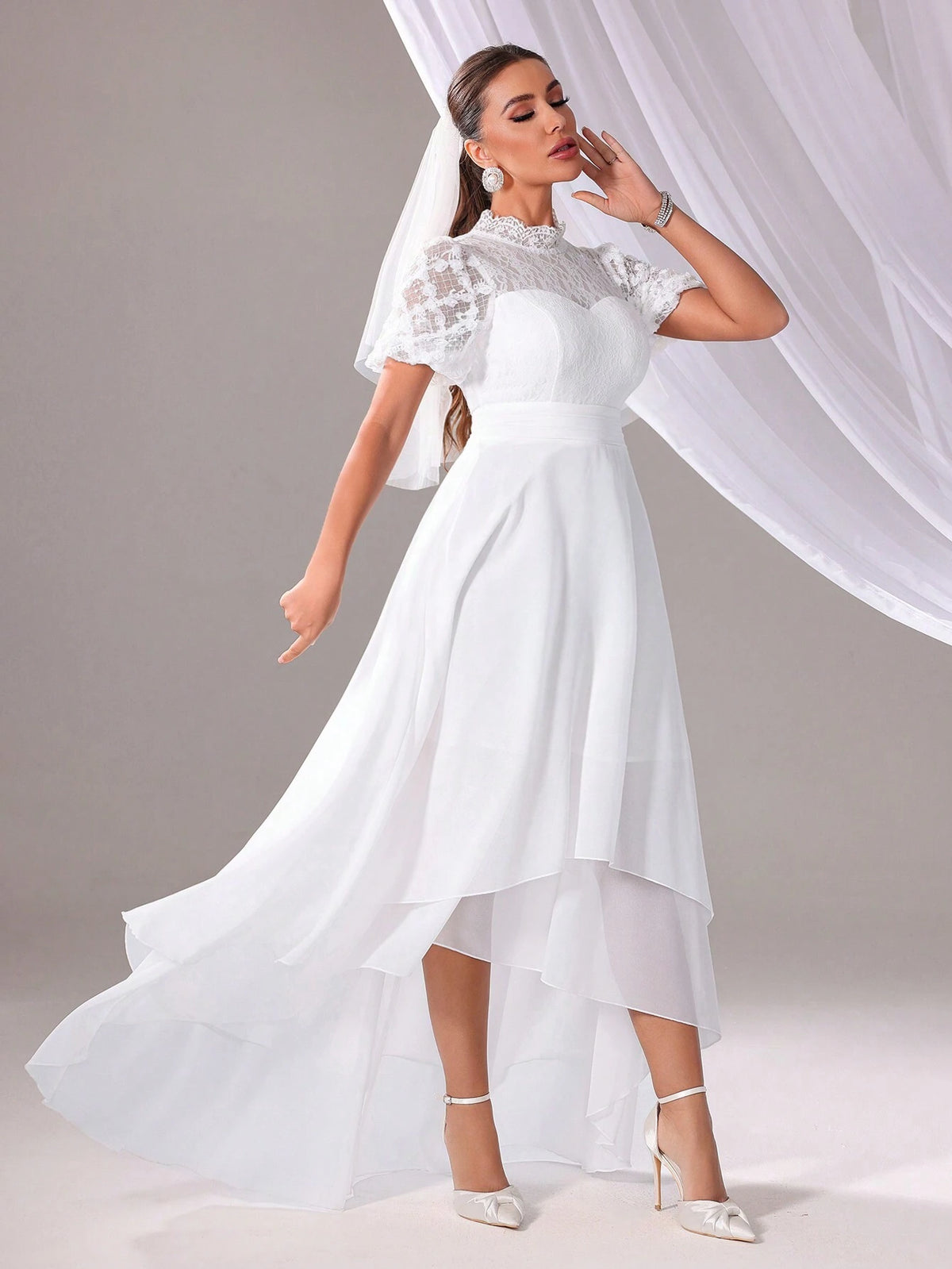 Solid Color Lace Splice Asymmetrical Hem Wedding Dress