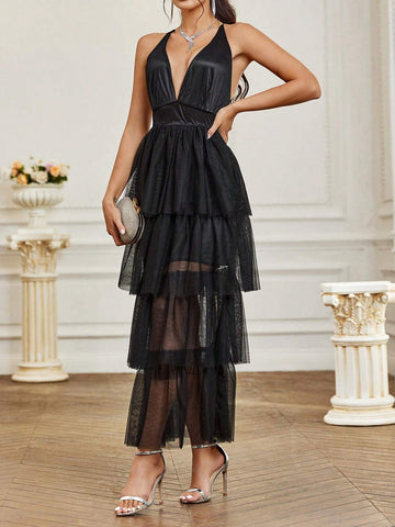 Solid Color Mesh V-Neck Halter Bridesmaid Dress With Patchwork