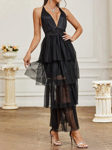 Solid Color Mesh V-Neck Halter Bridesmaid Dress With Patchwork