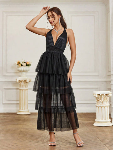 Solid Color Mesh V-Neck Halter Bridesmaid Dress With Patchwork