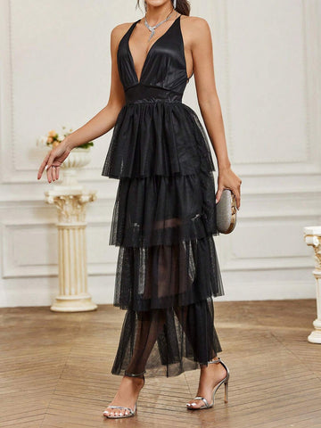 Solid Color Mesh V-Neck Halter Bridesmaid Dress With Patchwork