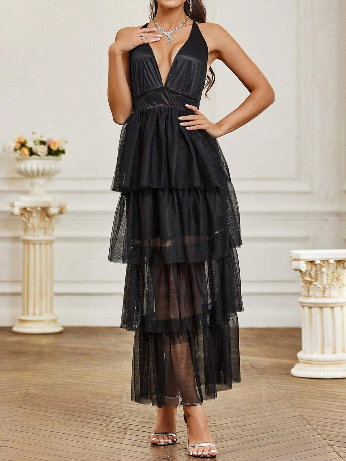 Solid Color Mesh V-Neck Halter Bridesmaid Dress With Patchwork