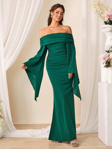 Solid Color Off Shoulder Trumpet Sleeve Mermaid Bridesmaid Dress