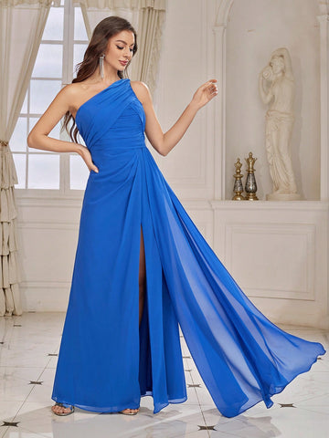 Solid Color One-shoulder Bridesmaid Dress With Pleated Bodice, Draped Detail And High Slit (adult Size