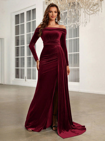 Solid Color One Shoulder Slit Long Bridesmaid Dress