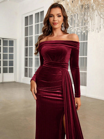 Solid Color One Shoulder Slit Long Bridesmaid Dress