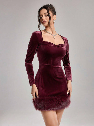 Solid Color Pleated Heart Neck Elegant Long Sleeve Ladies Ball Gown Dress (Embellished)