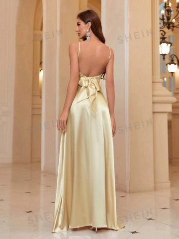 Solid Color Pleated High Slit Bridesmaid Cami Dress