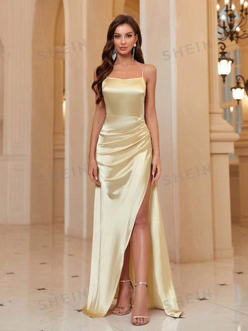 Solid Color Pleated High Slit Bridesmaid Cami Dress