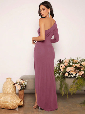 Solid Color Pleated Irregular Hem Bridesmaid Dress