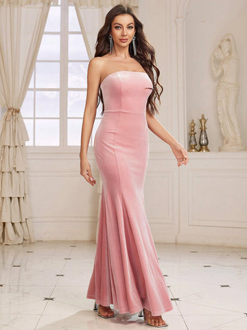 Solid Color Slim Fit Fish Tail Strapless Bridesmaid Dress (adults)
