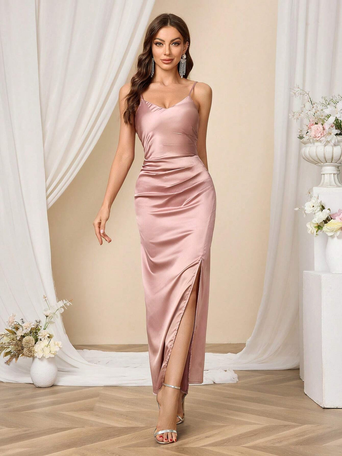 Solid Color Spaghetti Strap Slim Fit Bridesmaid Dress (Adult)