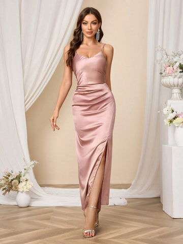 Solid Color Spaghetti Strap Slim Fit Bridesmaid Dress (Adult)
