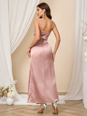 Solid Color Spaghetti Strap Slim Fit Bridesmaid Dress (Adult)