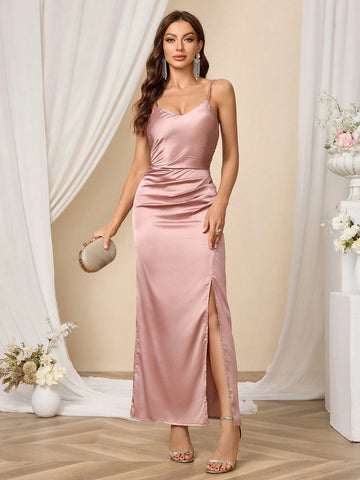 Solid Color Spaghetti Strap Slim Fit Bridesmaid Dress (Adult)