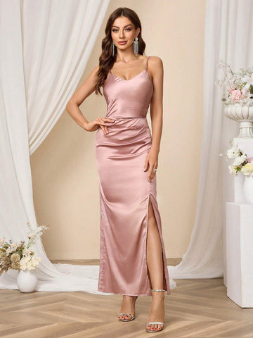 Solid Color Spaghetti Strap Slim Fit Bridesmaid Dress (Adult)