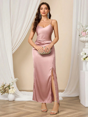 Solid Color Spaghetti Strap Slim Fit Bridesmaid Dress (Adult)