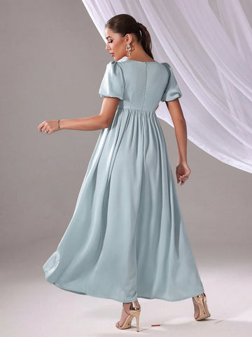 Solid Color Square Neckline Elegant Bridesmaid Dress (Adult, Short Sleeve), Summer