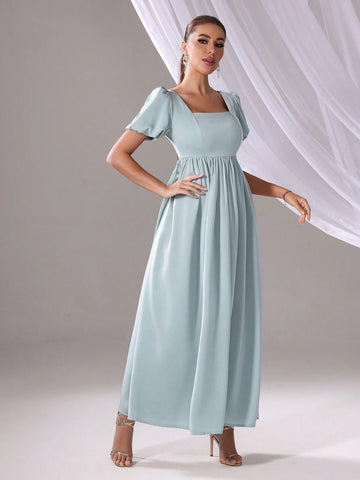 Solid Color Square Neckline Elegant Bridesmaid Dress (Adult, Short Sleeve), Summer