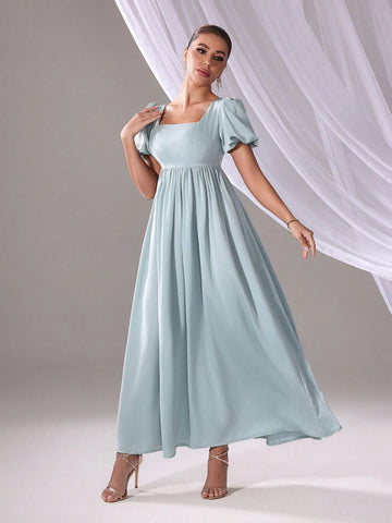 Solid Color Square Neckline Elegant Bridesmaid Dress (Adult, Short Sleeve), Summer