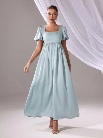 Solid Color Square Neckline Elegant Bridesmaid Dress (Adult, Short Sleeve), Summer