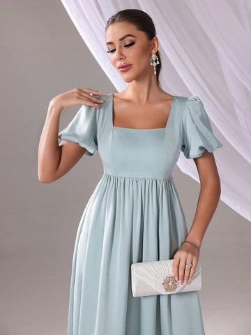 Solid Color Square Neckline Elegant Bridesmaid Dress (Adult, Short Sleeve), Summer