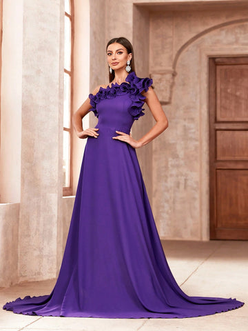 Solid Color Strapless Floor-Length Evening Dress With Ruffle Detail