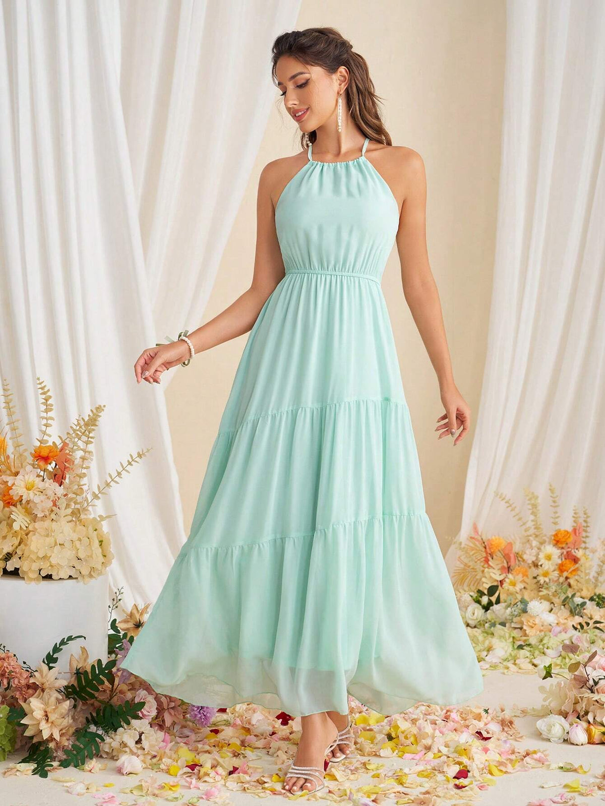 Solid Color Tiered Hem Halter Bridesmaid Dress