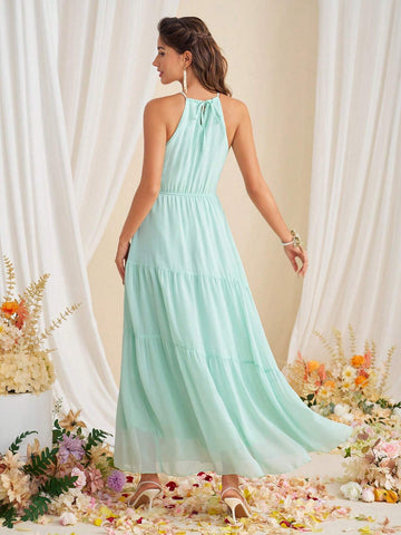 Solid Color Tiered Hem Halter Bridesmaid Dress