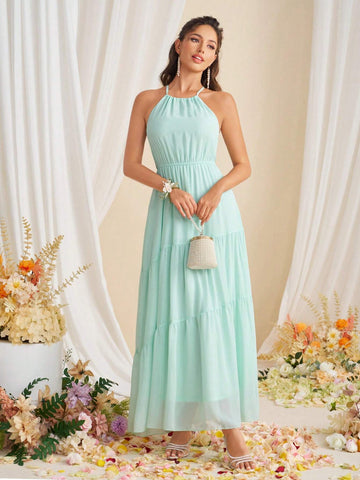 Solid Color Tiered Hem Halter Bridesmaid Dress