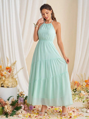 Solid Color Tiered Hem Halter Bridesmaid Dress