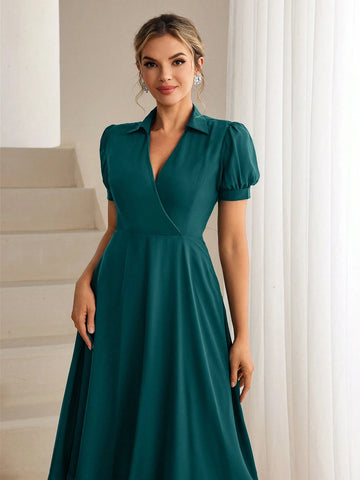 Solid Color V-Neck Short Sleeve Bridesmaid Dress With Waistline