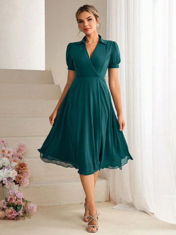 Solid Color V-Neck Short Sleeve Bridesmaid Dress With Waistline