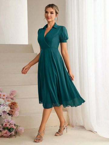 Solid Color V-Neck Short Sleeve Bridesmaid Dress With Waistline