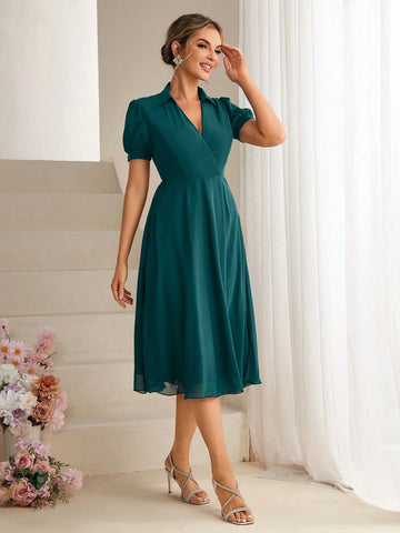 Solid Color V-Neck Short Sleeve Bridesmaid Dress With Waistline