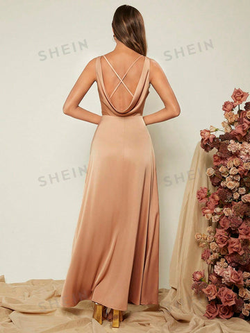 Solid Crisscross Open Back Satin Dress