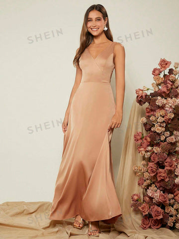 Solid Crisscross Open Back Satin Dress