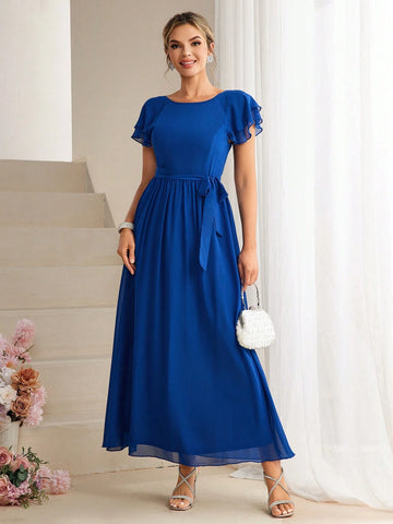 Solid Flutter Sleeve Belted Bridesmaid Dress