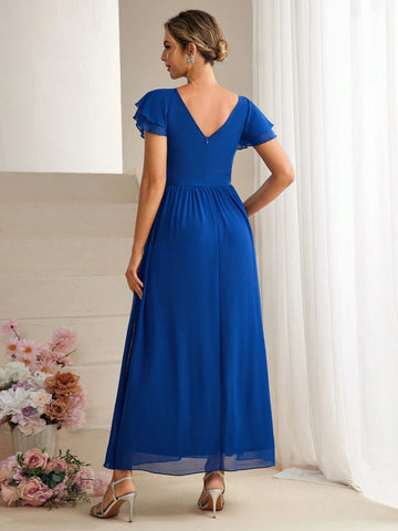 Solid Flutter Sleeve Belted Bridesmaid Dress