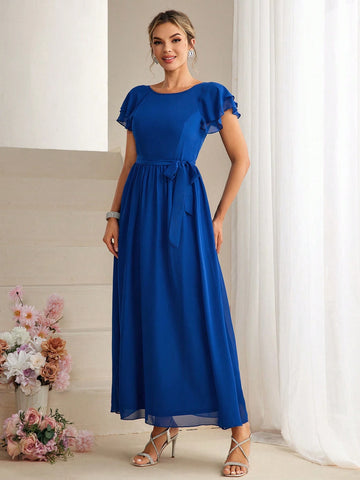 Solid Flutter Sleeve Belted Bridesmaid Dress