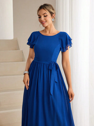 Solid Flutter Sleeve Belted Bridesmaid Dress
