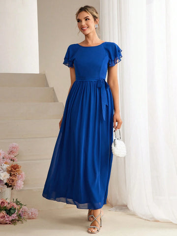 Solid Flutter Sleeve Belted Bridesmaid Dress